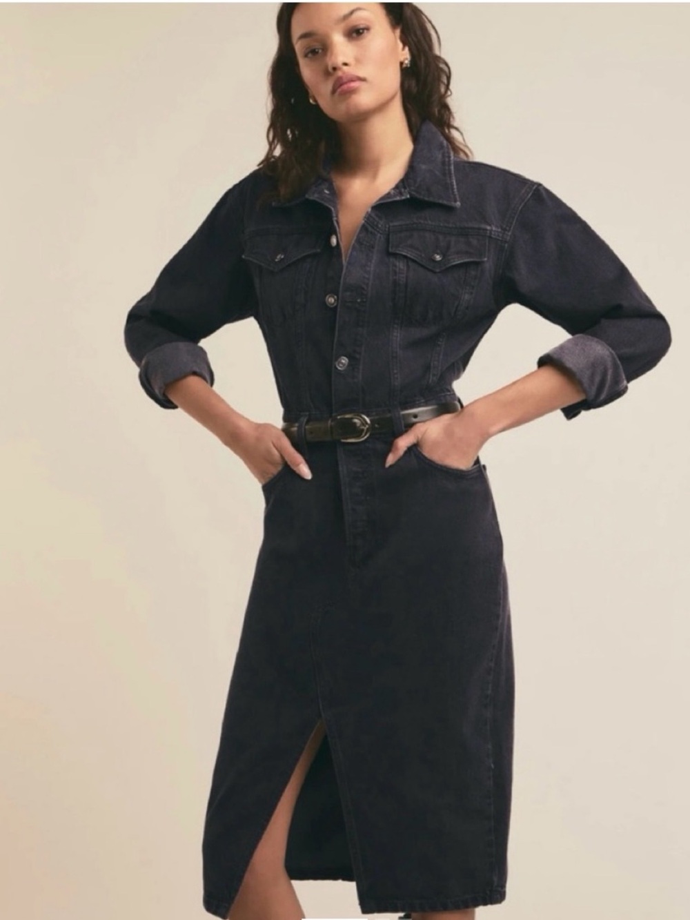 Favorite Daughter The City Asphalt Black Denim Midi Dress size 28 approx size 6